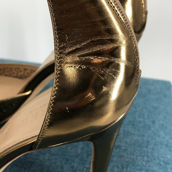 J.Crew Gold Perforated Pointed Toe Ankle Strap Natasha Mirror Metallic Heels 7 - Picture 11 of 15